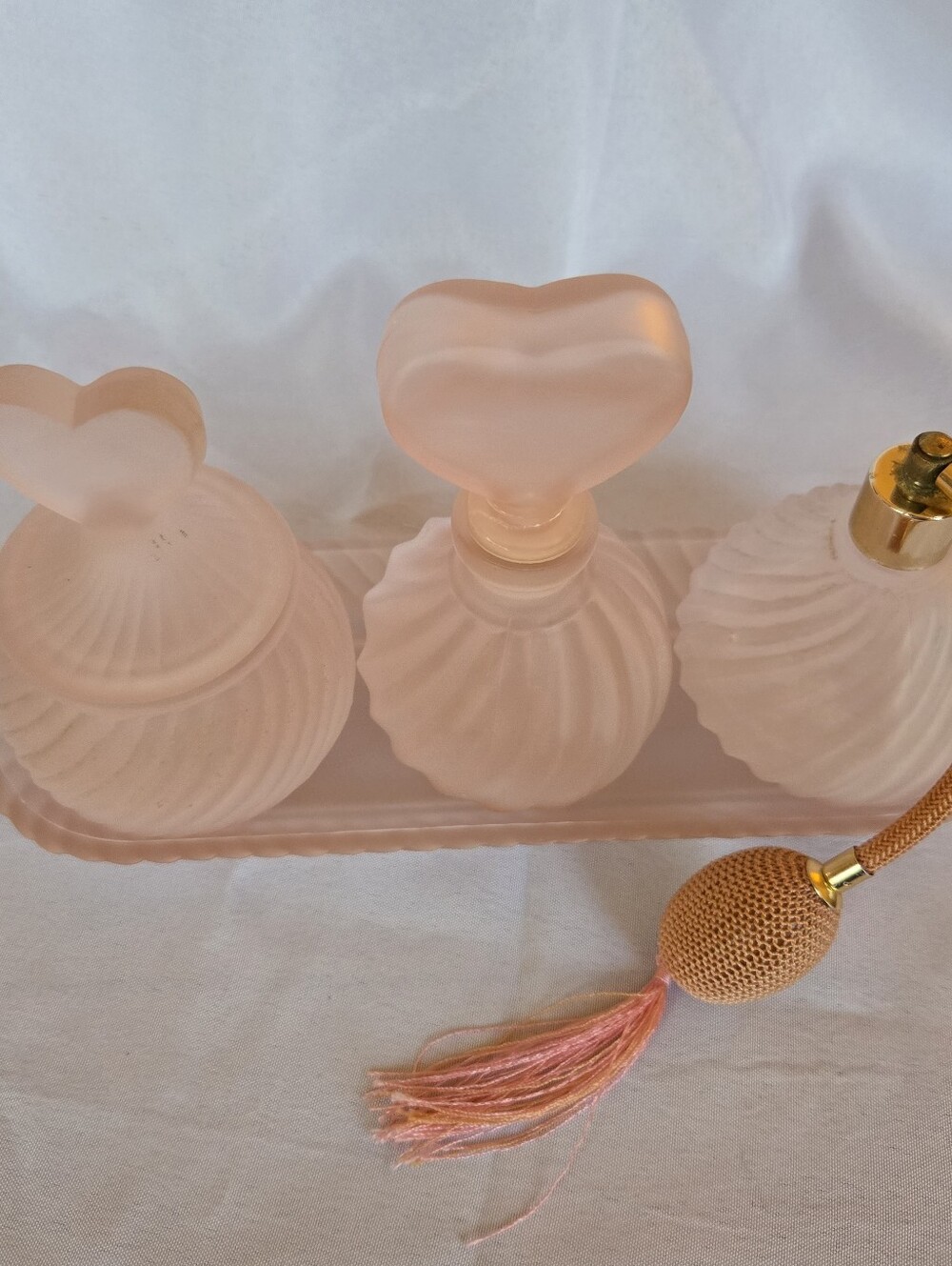 Vintage Frosted Pink Glass Vanity Set 4pc Heart Perfume Atomizer
